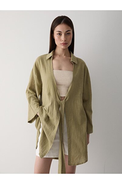 Laluvia Khaki Flam plátěná kimonová košile