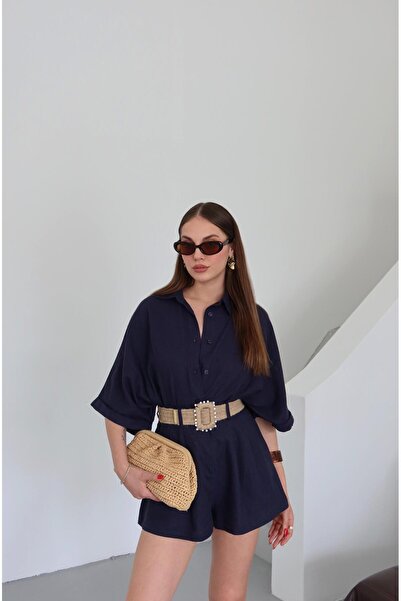 Laluvia Sötétkék szalmaöves ing rövidnadrág szett