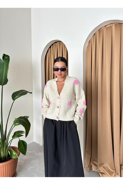 Laluvia Πλεκτό Ζακέτα Πέτρινο Ροζ Καρδιά