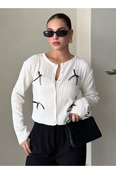 Laluvia Cream Mini Ribbon Button Cardigan