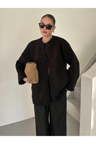 Laluvia Černá Teddy bunda se zavazováním vpředu