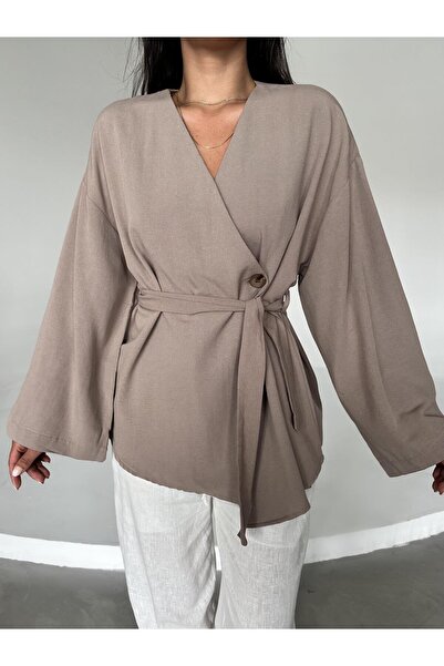 Laluvia Mléčná hnědá bavlněná knoflíková lněná kimona s páskem