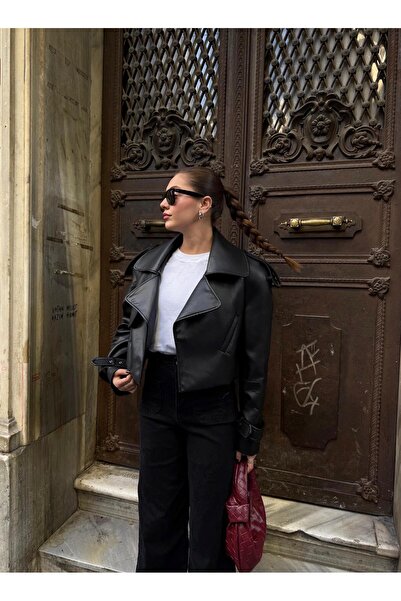 Laluvia Siyah Parça Detaylı Tasarım Kısa Deri Trençkot