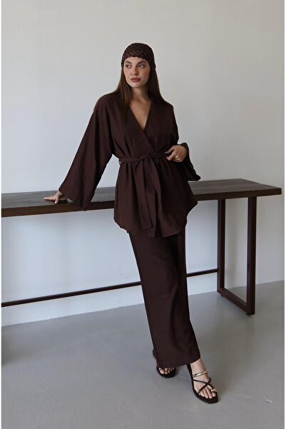 Laluvia Barna pamut kimonó széles szárú nadrág szett