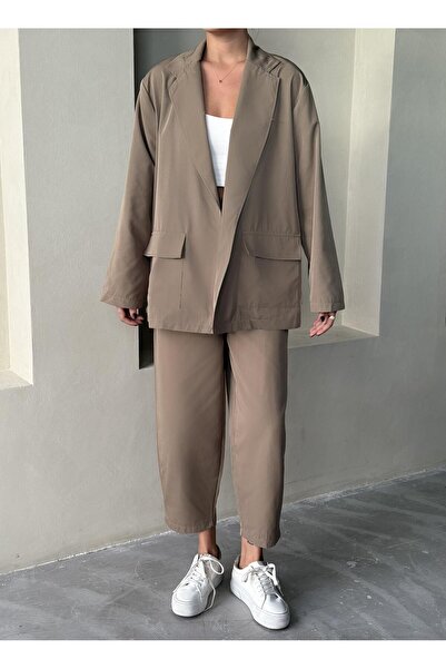 Laluvia Khaki Holly Pocketed Blazer Jacket Pants Set