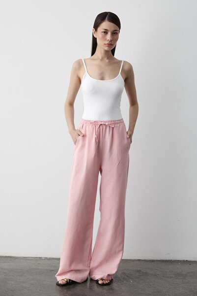Laluvia Pink Elastic Waist Cotton Linen Trousers