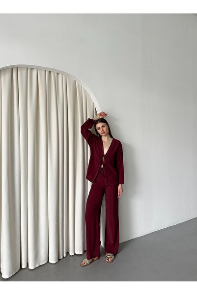 Laluvia Burgundy Tied Kimono Set - 8567