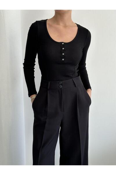 Laluvia Μαύρο μακρύ μπλουζάκι με κουμπιά