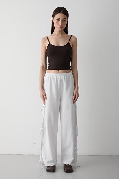 Laluvia White 100% Cotton Trousers with Side Slits and Tie Detail