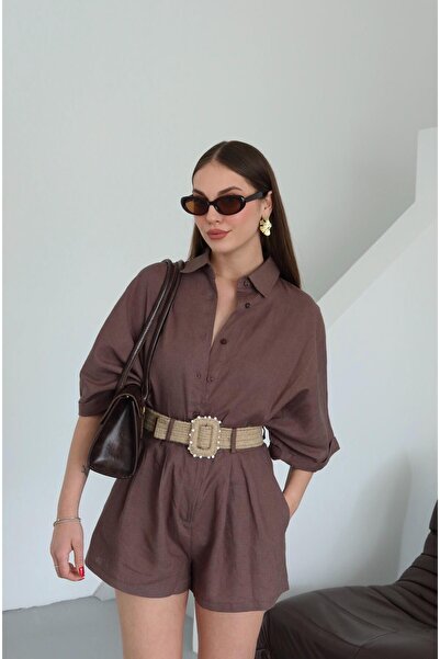 Laluvia Brown Straw Belted Shirt Shorts Set