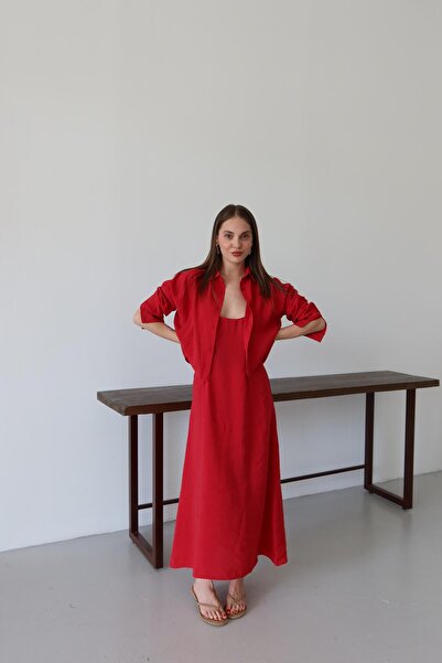 Laluvia Red Modal Shirt Dress Set
