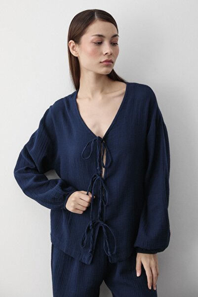 Laluvia Navy Blue 100% Cotton Tie-Up Blouse Pants Set