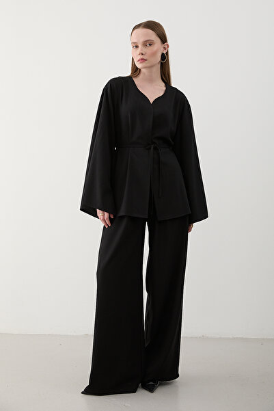 Laluvia Black Drawstring Kimono Set - 8864