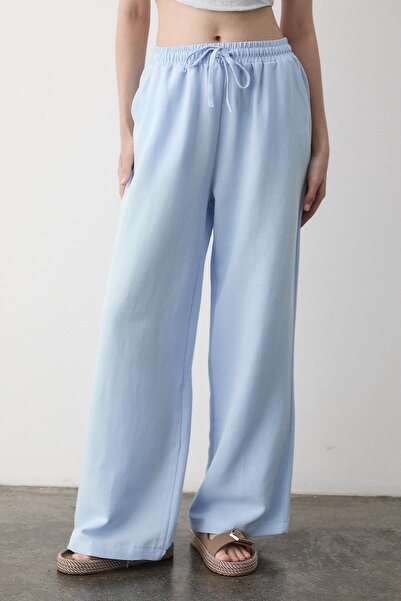 Laluvia Blue Wide Leg Trousers with Elastic Waist