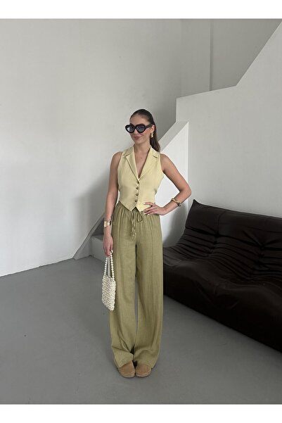 Laluvia Haki %100 Keten Palazzo Pantolon