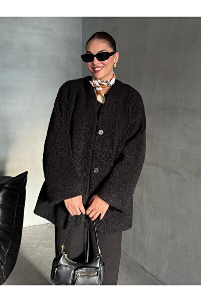 Laluvia Siyah Lilyum Düz Kesim Bürümcük Ceket