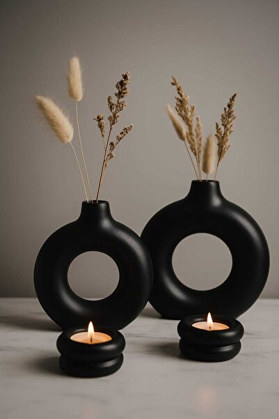 TACTIC Set Modern Decorativ Inel Vaza Si Suport Lumânări - Set Decor Nordic Set 4 Piese Negru