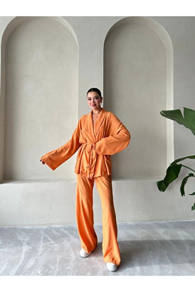 Laluvia Green Shawl Collar Kimono Pants Set