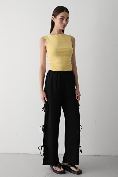 Laluvia Black 100% Cotton Pants with Side Slits and Tie Detail