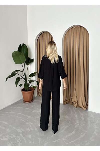 Laluvia Fekete vászon ing nadrág kétrészes szett