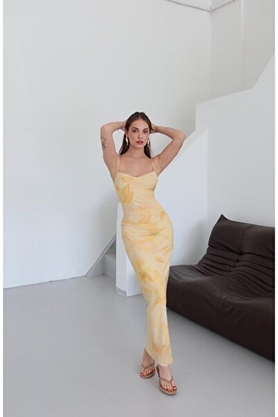 Laluvia Sarı Yan Drapeli Çiçek Desenli Elbise