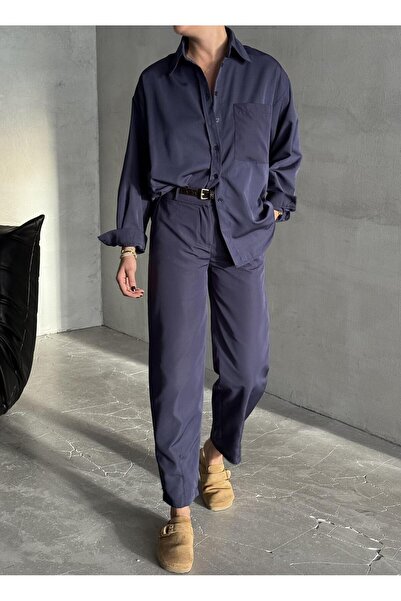 Laluvia Navy Blue Merlin Belted Shirt Pants Set