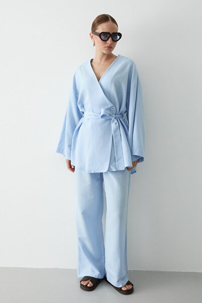 Laluvia Kék pamut kimonó széles szárú nadrág szett