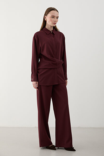 Laluvia Bordo Gold Accessory Buttoned Shirt Trouser Set - 8856