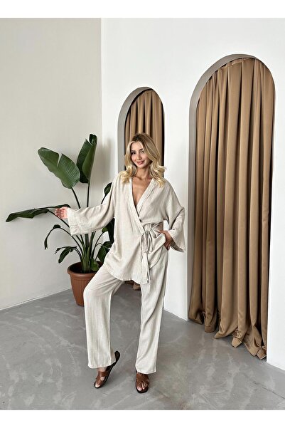 Laluvia Kővel díszített, oldalt megkötős vászon szövet kimonó szett