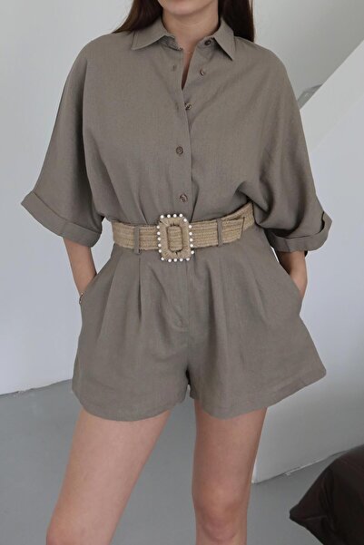 Laluvia Mink Straw Belted Shirt Shorts Set