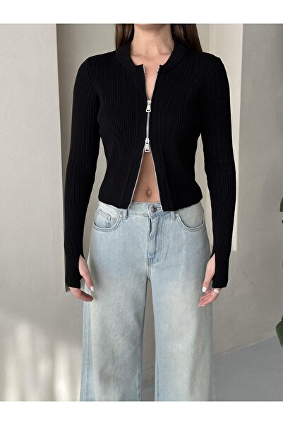 Laluvia Černý nastavitelný kardigan s dvojitým zipem a ručním prošíváním