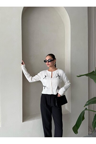 Laluvia Cream Mini Ribbon Button Cardigan