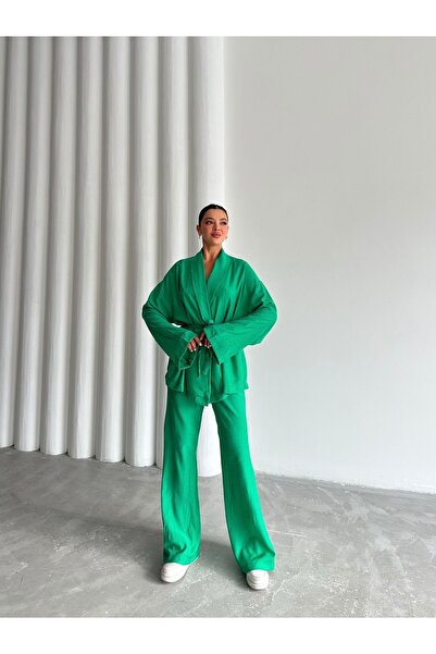 Laluvia Green Kimono and Trousers Set - Shawl Collar