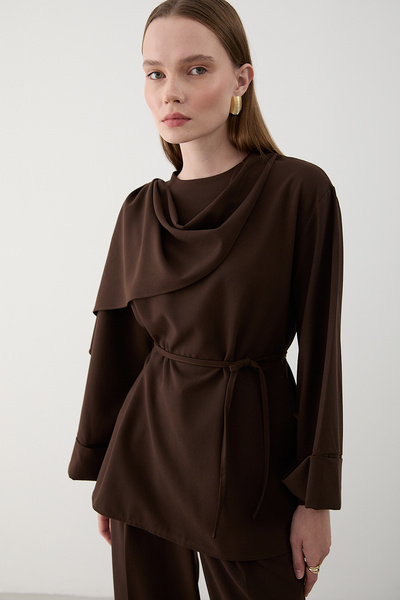 Laluvia Bitter Brown Self-Wrapped Blouse Pants Set - 8752