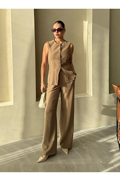 Laluvia Khaki Camille klasszikus gombos mellény nadrág szett