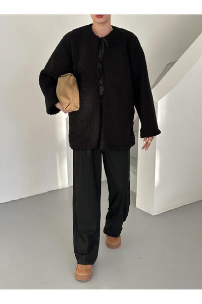 Laluvia Černá Teddy bunda se zavazováním vpředu