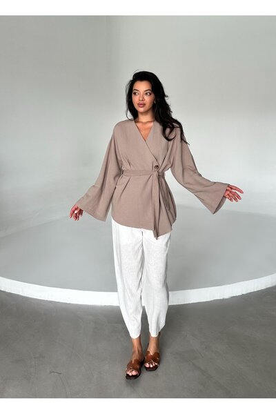 Laluvia Mléčná hnědá bavlněná knoflíková lněná kimona s páskem