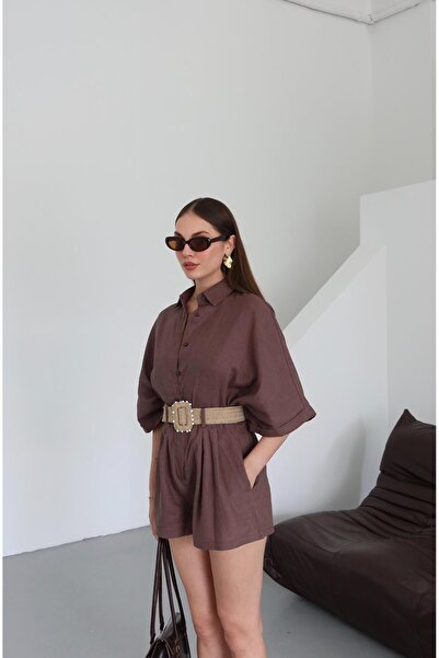 Laluvia Brown Straw Belted Shirt Shorts Set