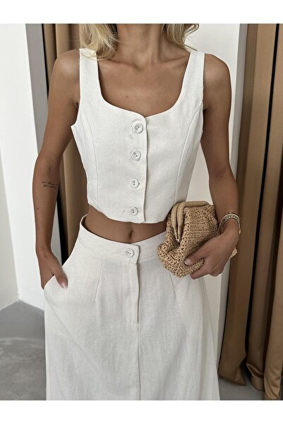 Laluvia Stone 100% pamut gombos mellény szoknya vászon szett