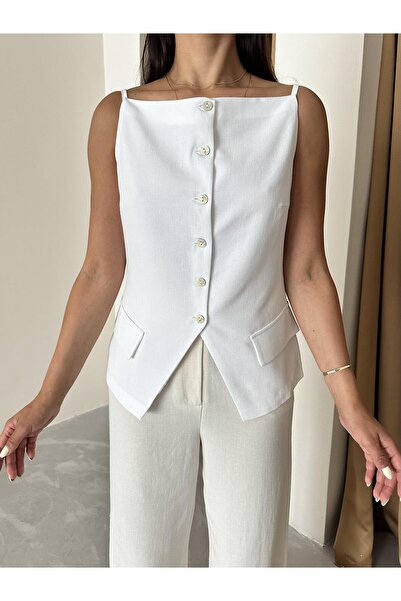 Laluvia Білий 100% бавовняний жилет з тонкими бретелями, кишенями та ґудзиками