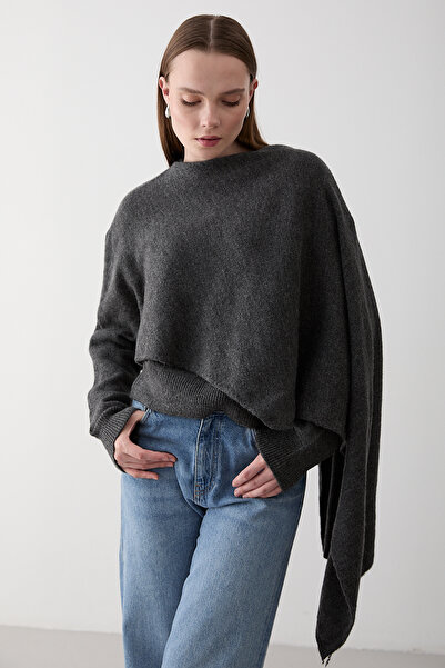 Laluvia Anthracite Scarf Detailed Knitwear Sweater - 98073