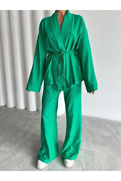Laluvia Green Kimono and Trousers Set - Shawl Collar