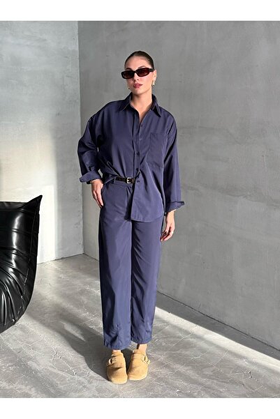 Laluvia Navy Blue Merlin Belted Shirt Pants Set