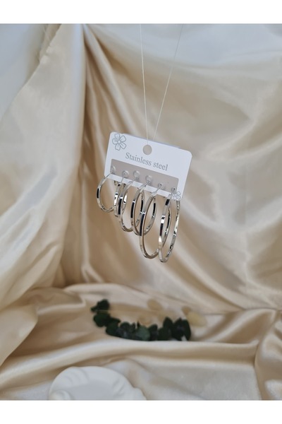 ZEYM COLLECTION 6’lı Gümüş Renk Paslanmaz Çelik Halka Küpe Seti – Minimalist ve Şık Günlük Kullanım İçin