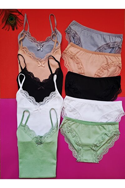 Demirsa Boutique Lace Rope Strap 5-Piece Powder, Green, Blue, Black and White Color Women's Athlete Panties Set