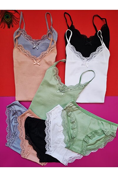 Demirsa Boutique Lace Rope Strap 5-Piece Powder, Green, Blue, Black and White Color Women's Athlete Panties Set