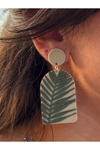 Happiears Bej Zemin Üzerine Yeşil Yaprak Desenli Özel Tasarım Küpe