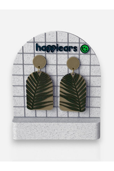 Happiears Bej Zemin Üzerine Yeşil Yaprak Desenli Özel Tasarım Küpe