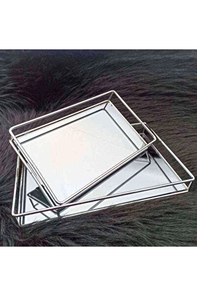 RetroLazer Lüks 2'li Tepsi Servis Sunum Tepsisi Dikdörtgen Gümüş