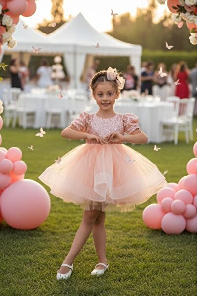 ABİYEKİDS Pudra Payetli Kısa Kollu Balo Gösteri Kıyafeti 23 Nisan Çocuk Abiye...